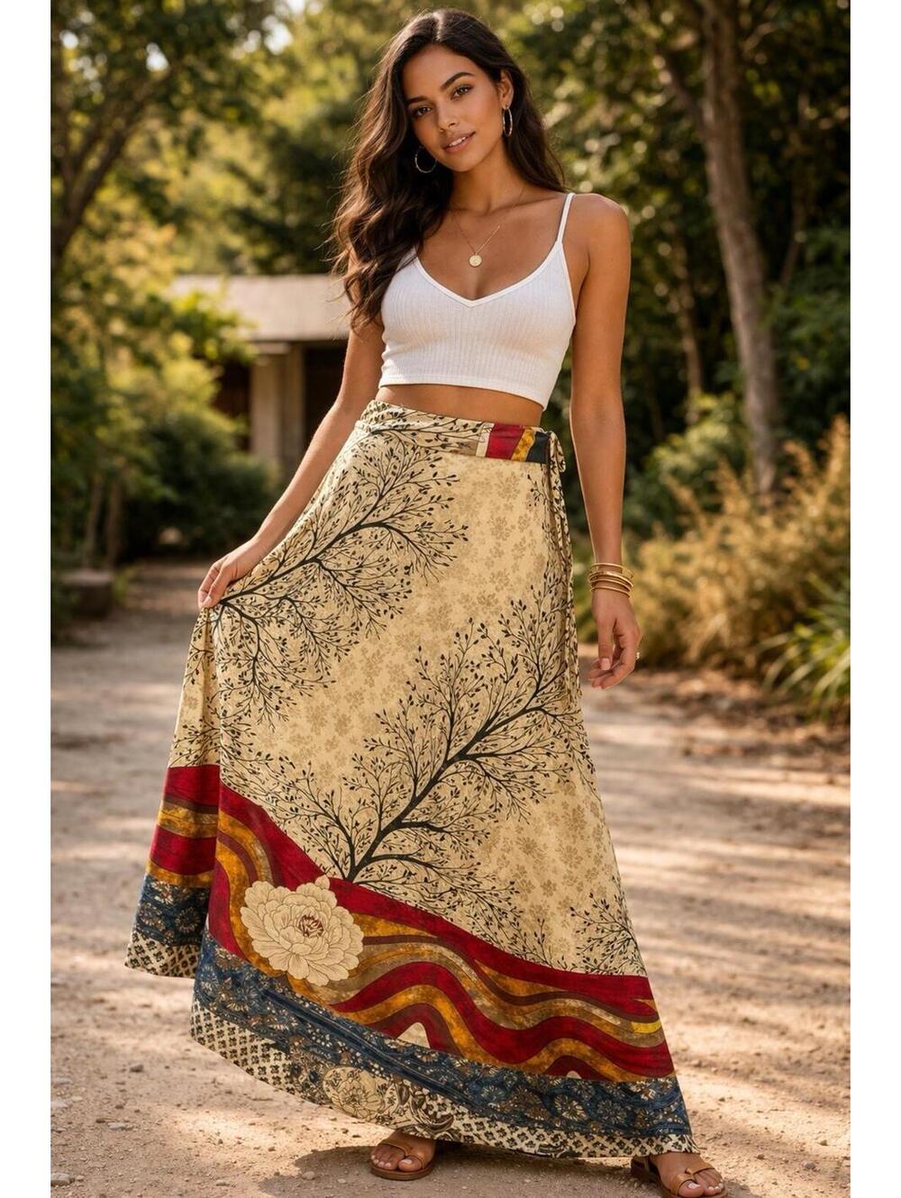 Rhea Reversible Wrap Skirt One Size Boho Patchwork Floral Paisley Gold Blue NWT